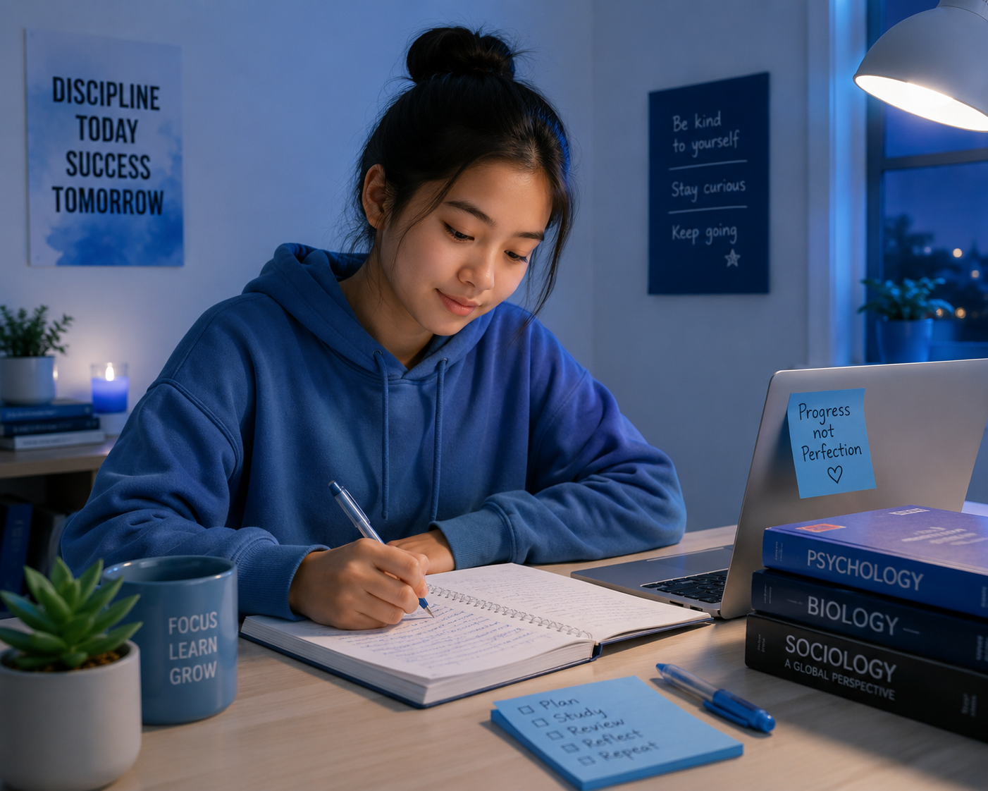 Learner engaged in focused, calm study